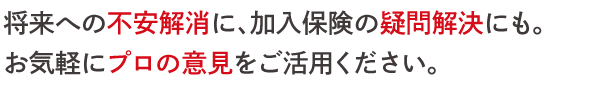 将来への不安解消に、加入保険の疑問解決にも。 お気軽にプロの意見をご活用ください。