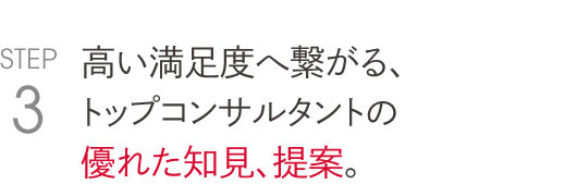 高い満足度へ繋がる、 トップコンサルタントの 優れた知見、提案。   